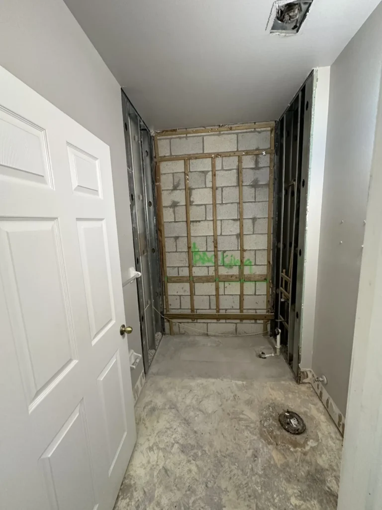 New framing and backer board installed in the shower niche