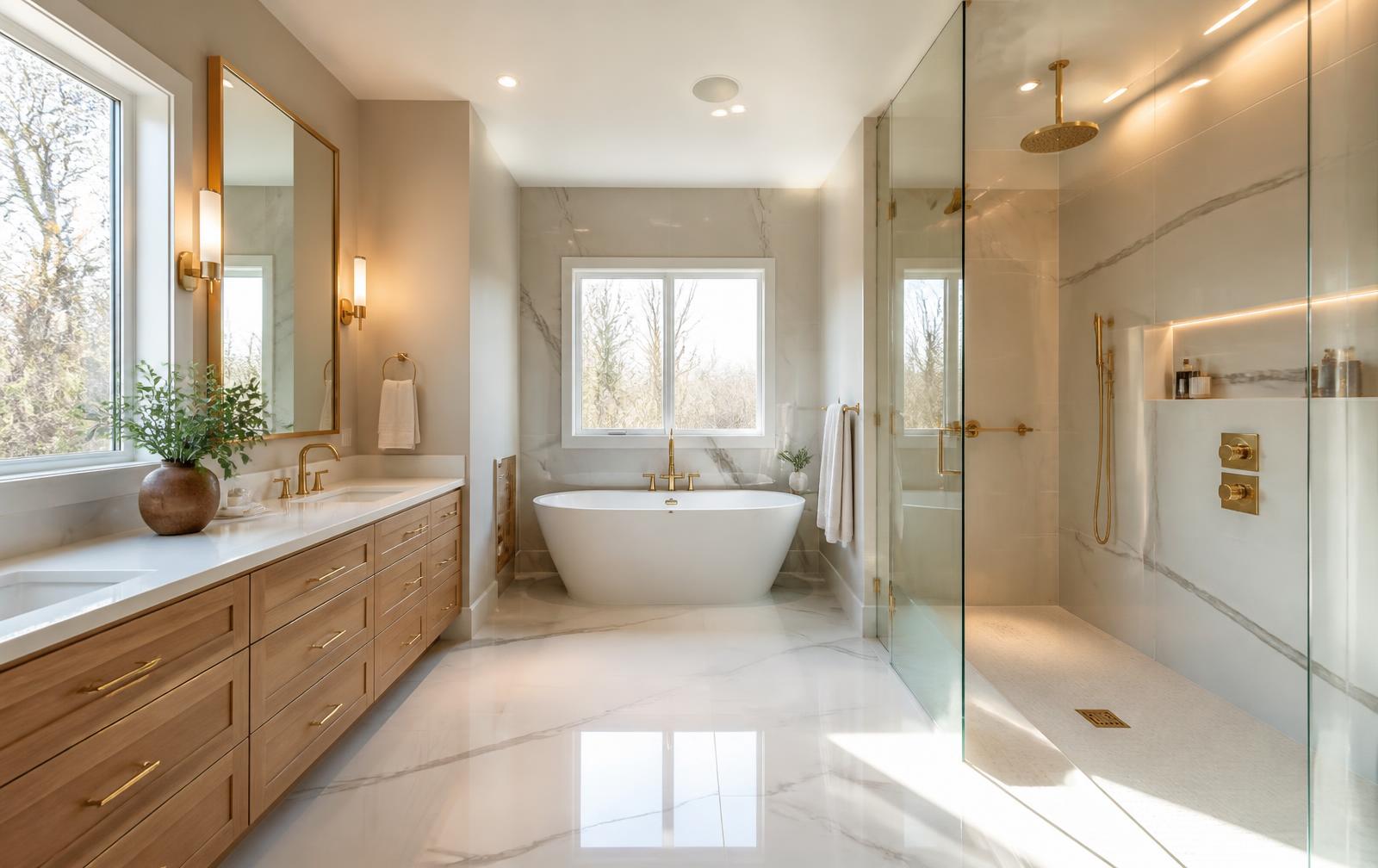 Renovated bathroom with tiled walk-in shower