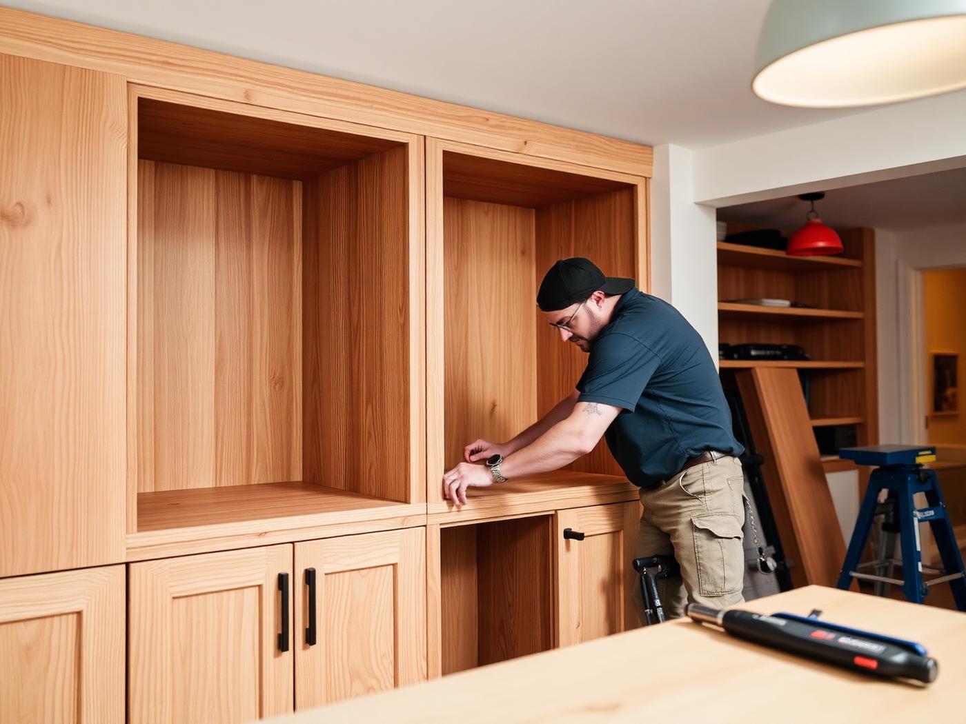 Carpenter installing custom wood cabinetry