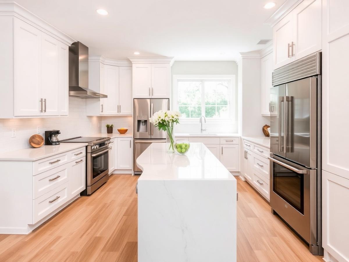 Renovated kitchen with white cabinets and stone countertops
